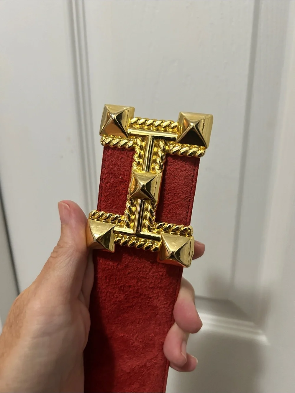 Vintage Donna Katz Brick Red Suede Wide Statement Belt Gold Buckle Studded Med